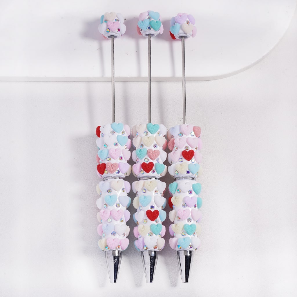 Beadable Clay Pens with Granulated Sugar Hearts in Assorted Color and AB Rhinestones Valentine's Day Style