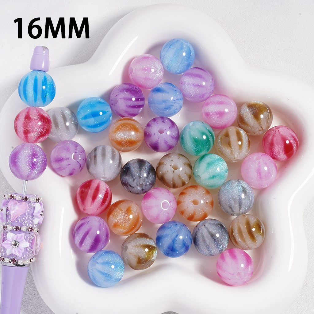 Acrylic Beads with Watermelon Stripes and Glitter, Multi-Color, 16MM, Random Mix