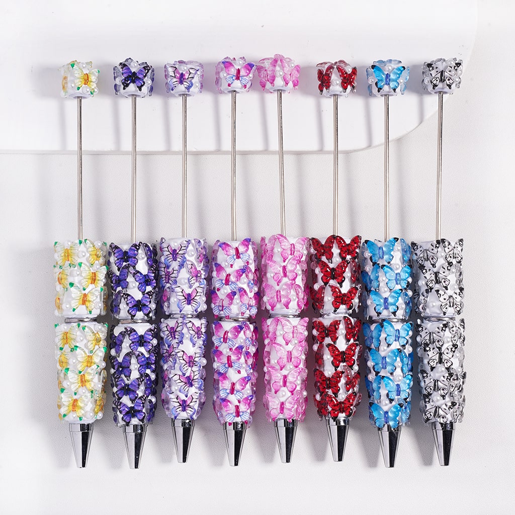 Beadable Clay Pens with Beautiful Butterflies and White Pearls, Multi-Color, Random Mix