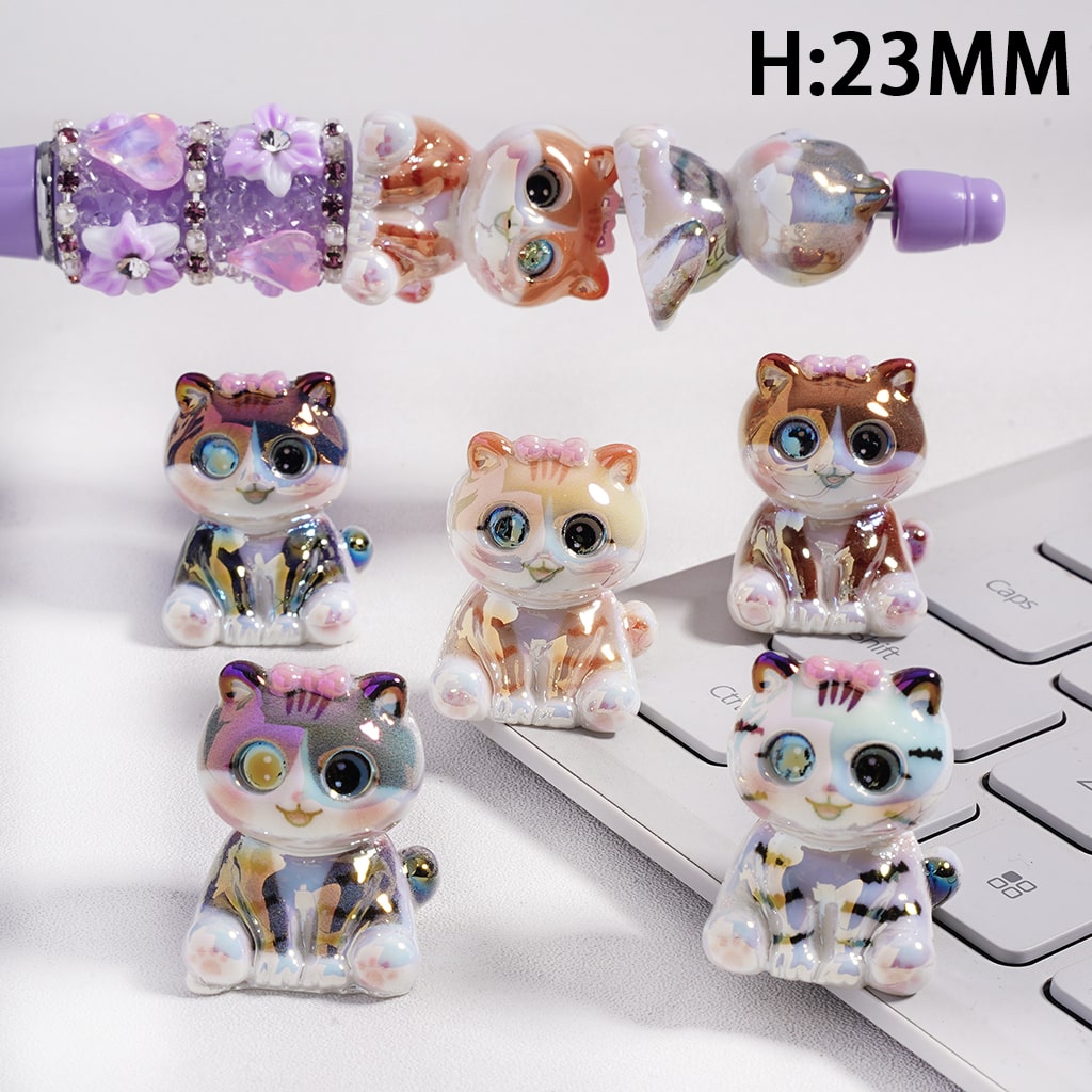 Acrylic Beads UV Coating Lovely Kitten with Pink Bowtie in Various Colors, Height 23MM, Random Mix
