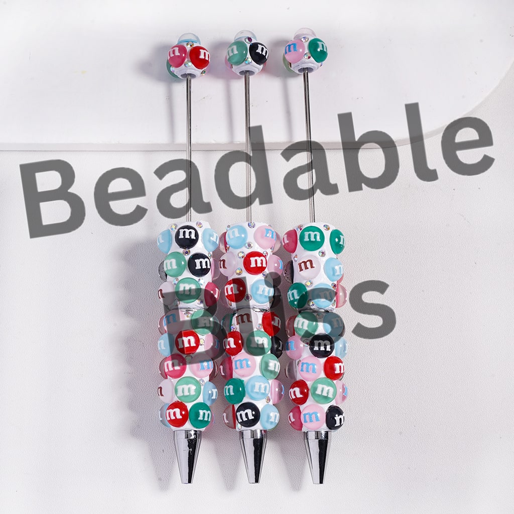 Beadable Clay Pens with Rainbow "M" Beans in Various Colors and AB Rhinestones