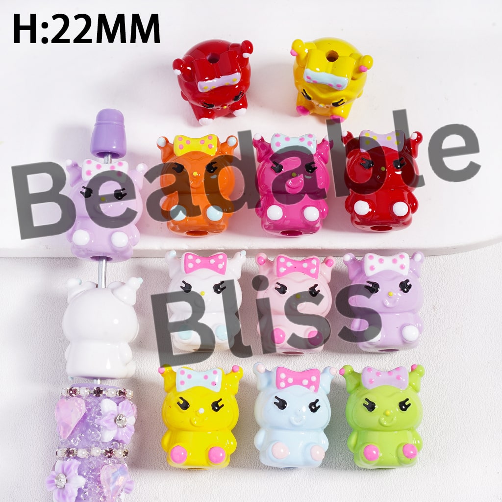 Acrylic Beads with Stoving Varnish Process, Adorable Character with Bowtie, Height 22MM, Multi-Color, Random Mix