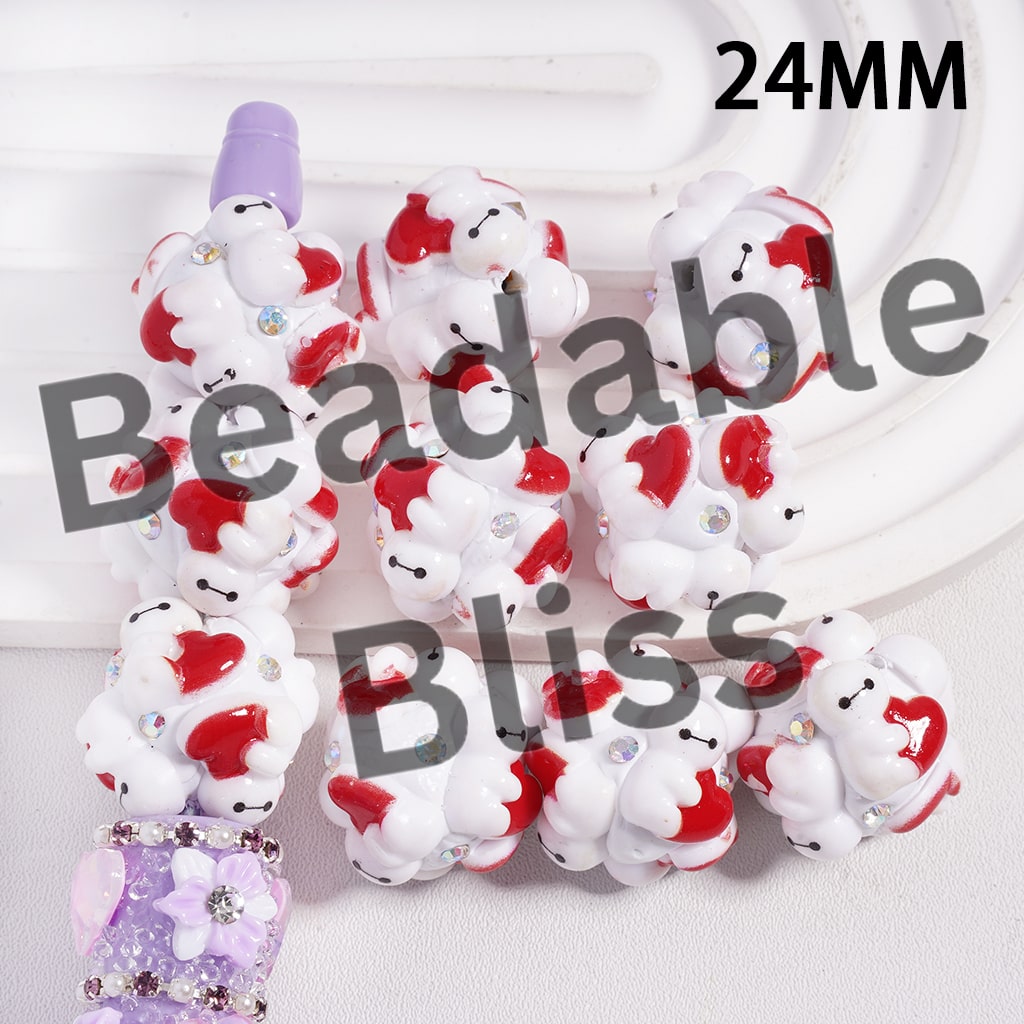 Clay Beads with White Robot Character Holding Red Heart, AB Rhinestones, 24MM