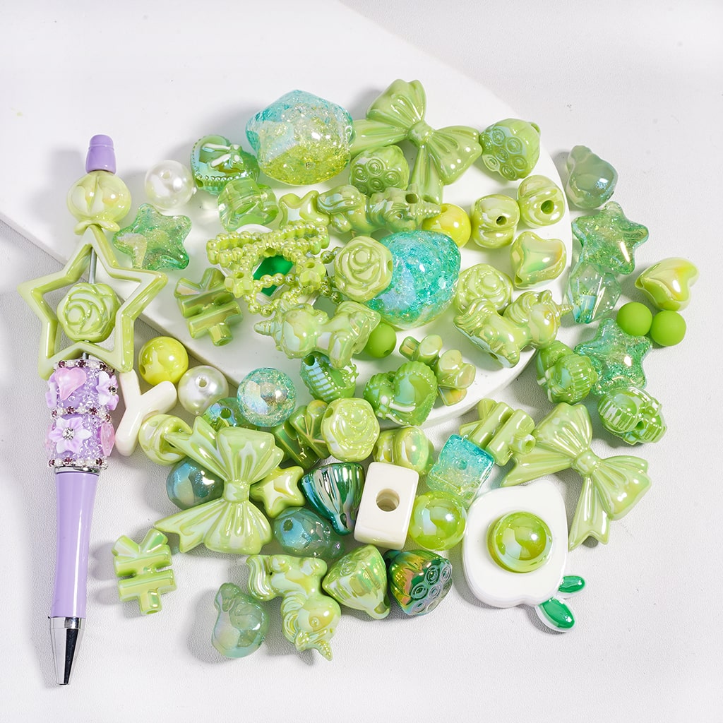 Acrylic Beads with UV Coating and Dazzling Green Series in Assorted Shapes, Random Mix (Please Read the Description)