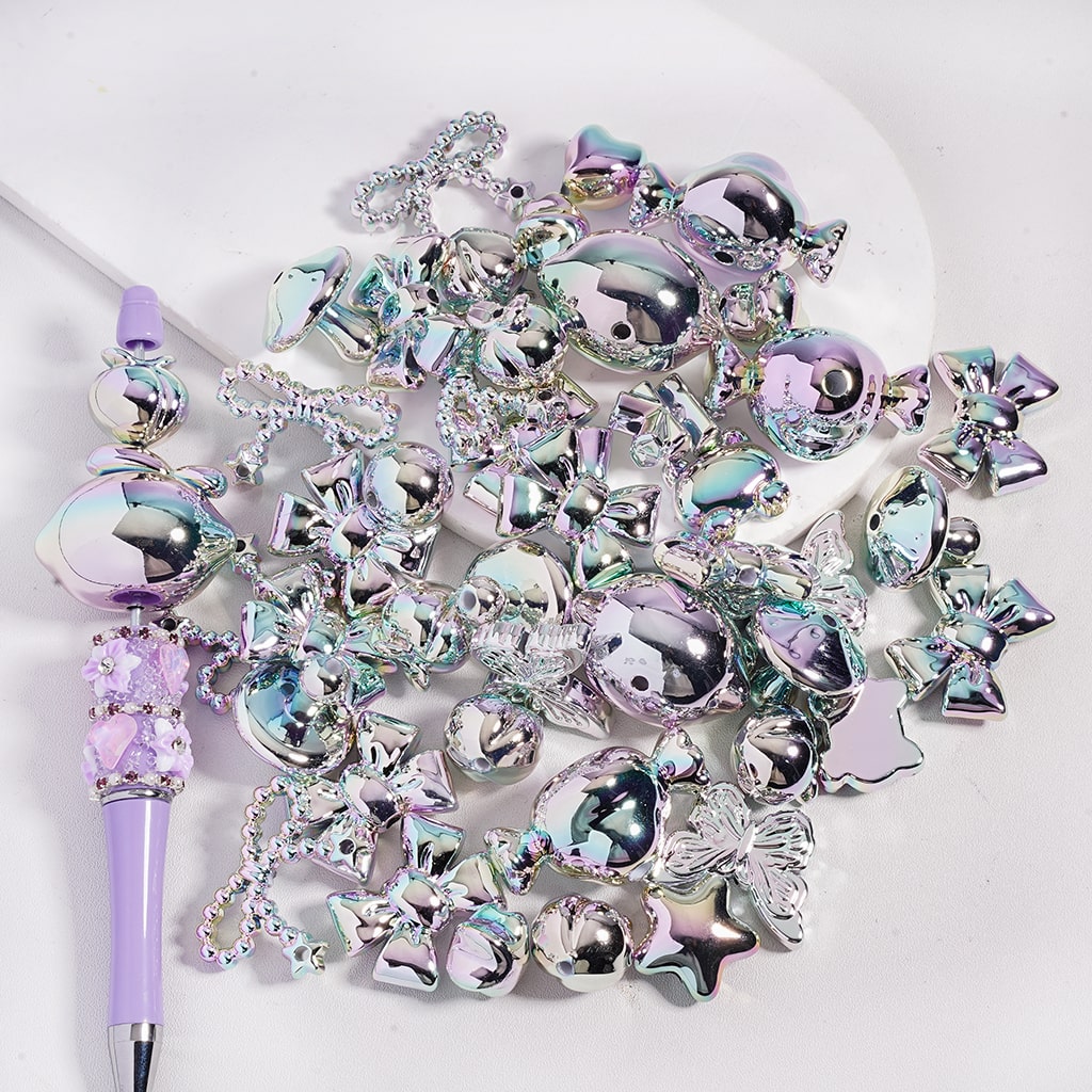 Acrylic Beads with UV Coating and Dazzling Silver Series in Various Shapes, Random Mix