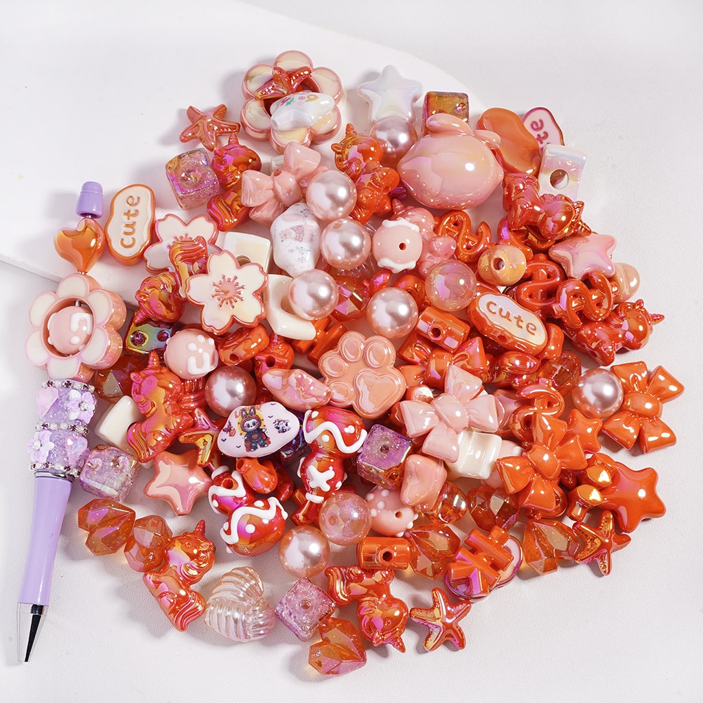Acrylic Beads with UV Coating and Dazzling Orange Series in Assorted Shapes, Random Mix (Please Read the Description)