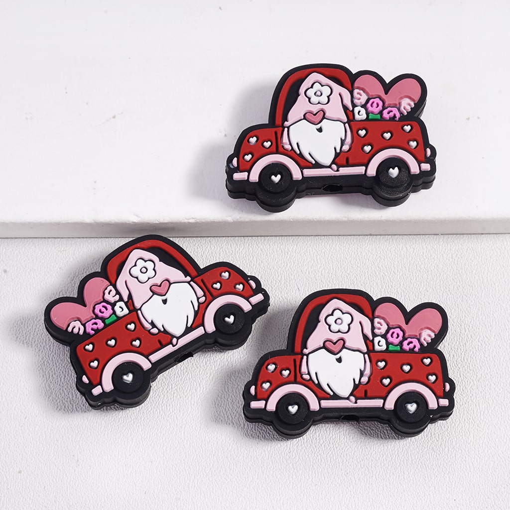 Silicone Focal Beads the Gnomes Wearing Pink Hat and Sitting in Car