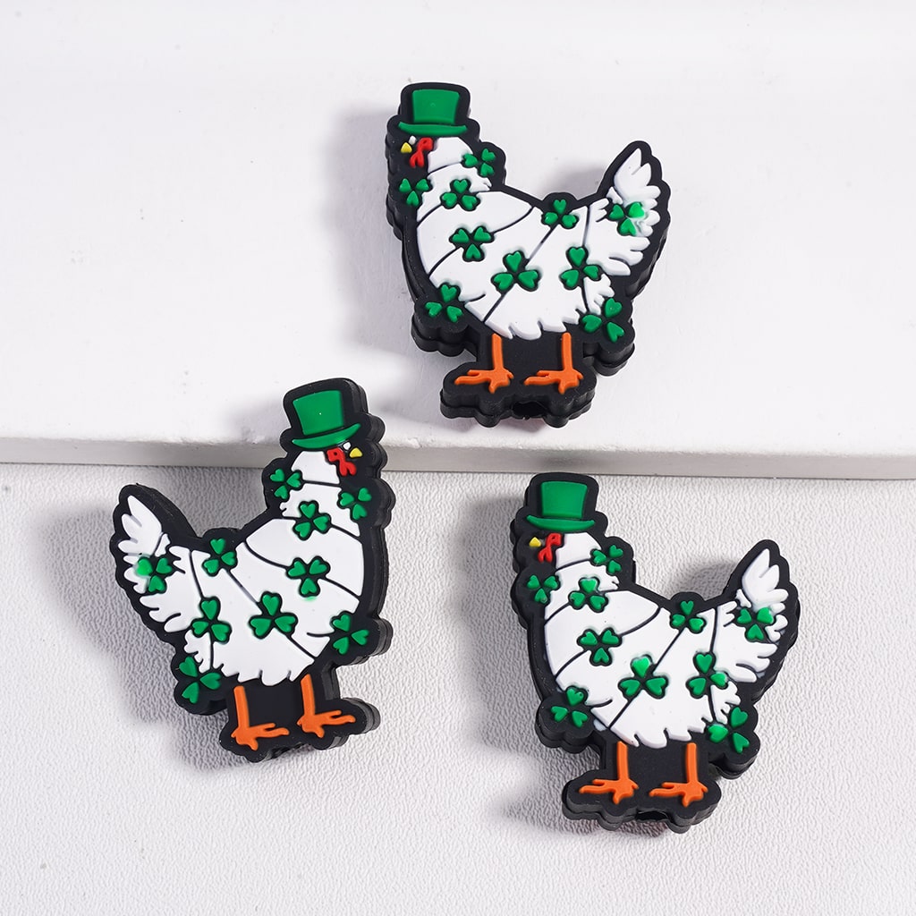 Silicone Focal Beads White Chick with Green Hat and Clovers Saint Patrick's Day