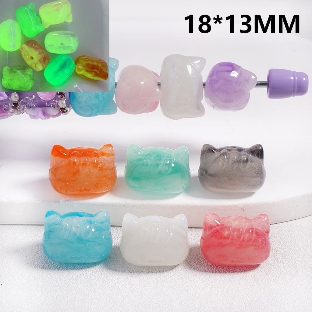 Acrylic Beads Luminous Cat Head with Glitter and Marble Veining, 18*13MM, Multi-Color, Random Mix