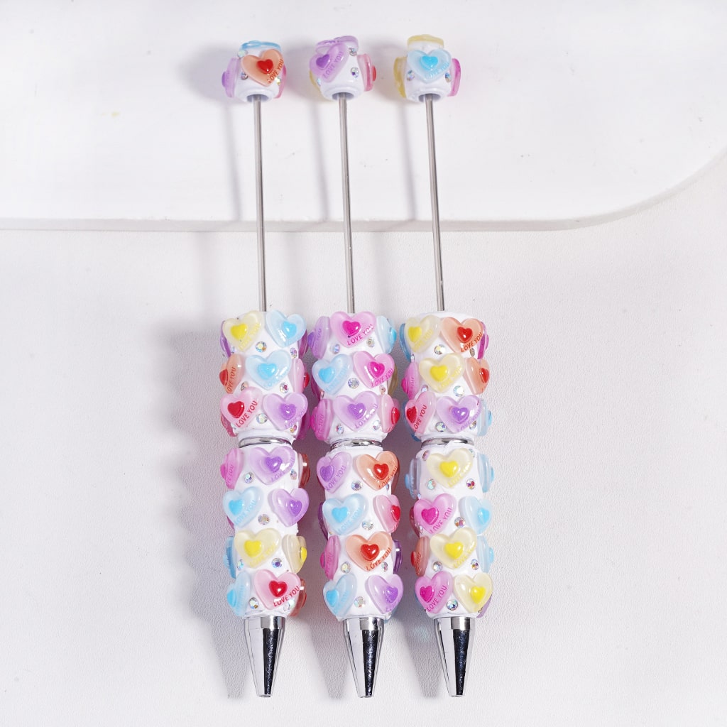 Beadable Clay Pens with Text "LOVE YOU" Heart on Heart and AB Rhinestones Valentine's Day, Multi-Color