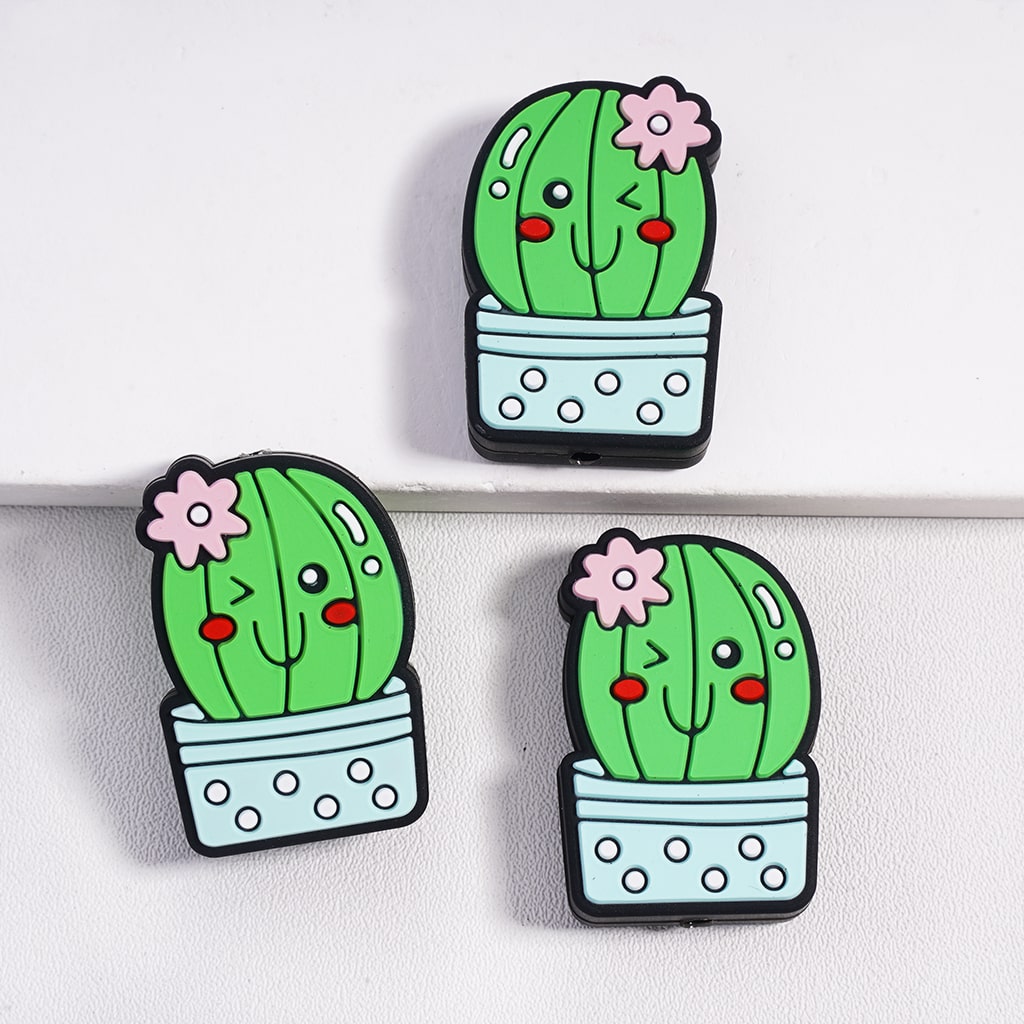 Silicone Focal Beads Cute Cactus with Pink Flower and Blue Flowerpot
