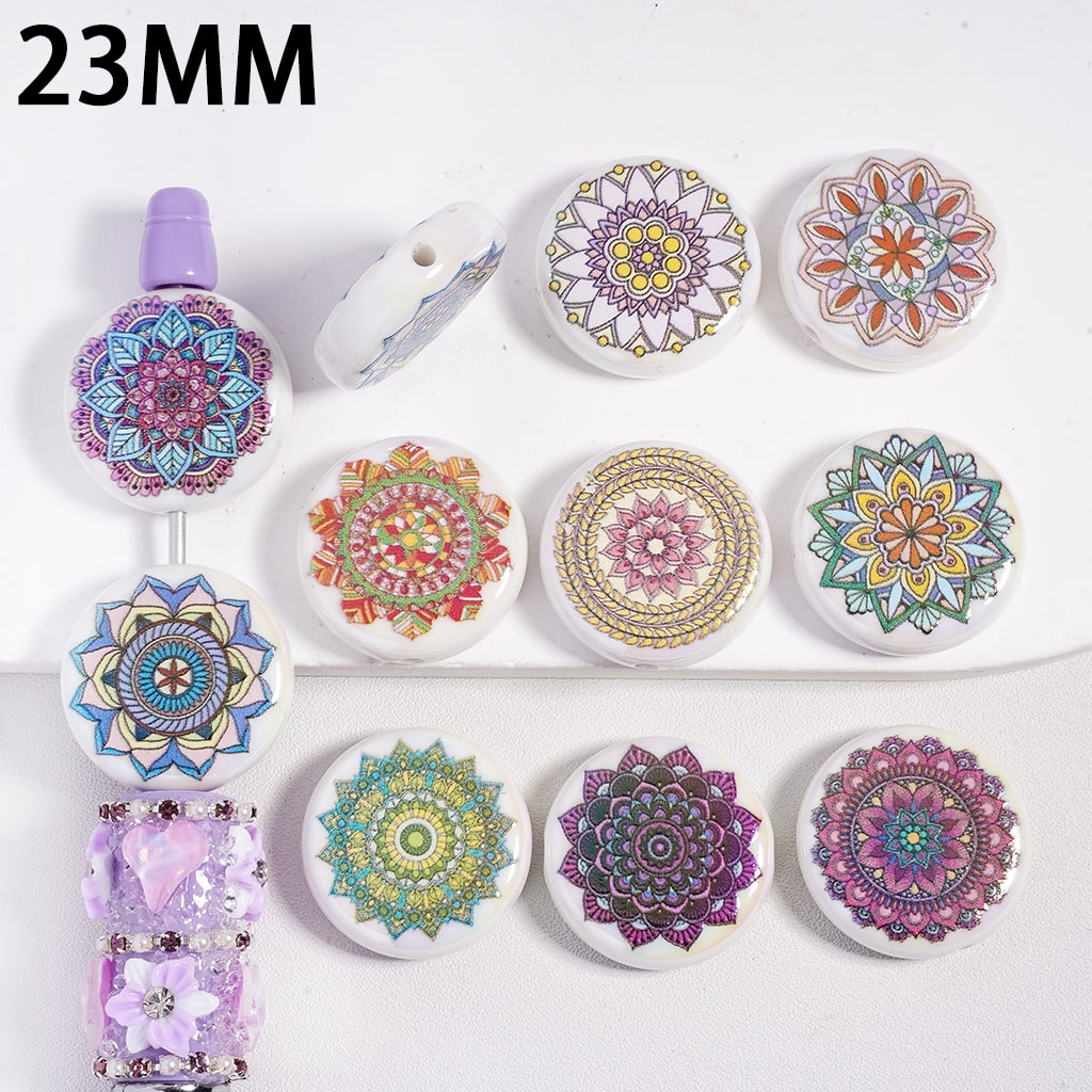 Acrylic Beads UV Coating Mandala Pattern Double Side Prints, 23MM, Random Mix