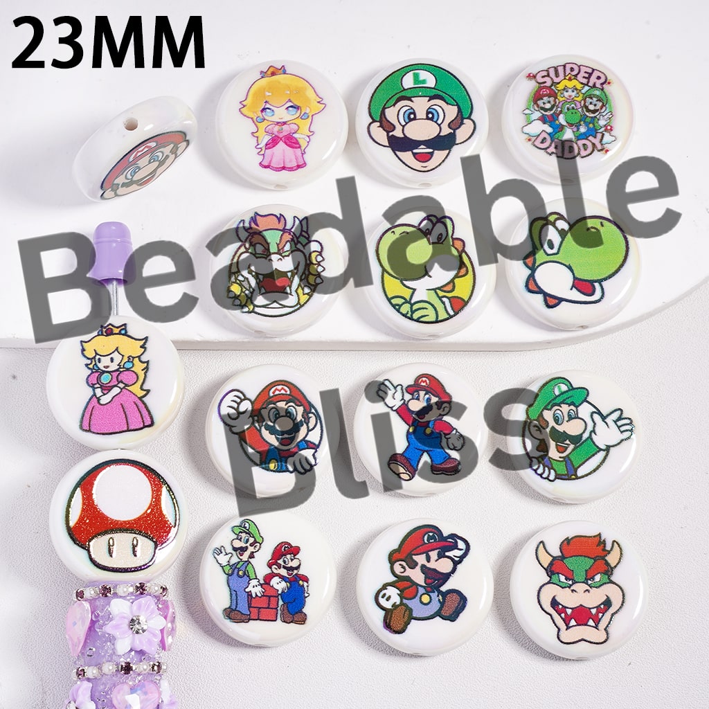 Acrylic Beads UV Coating Plumber Character Series in White Background, 23MM, Random Mix