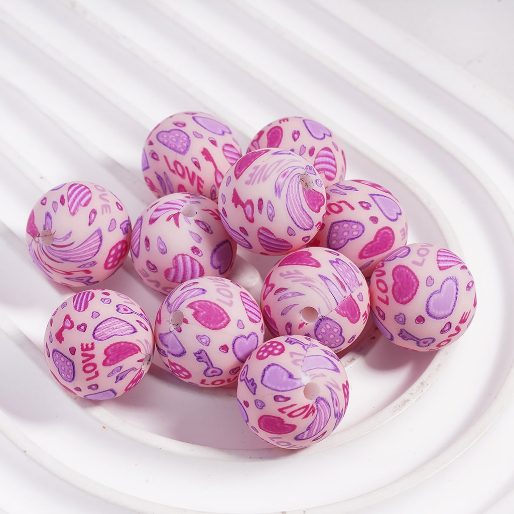 Silicone Focal Beads with Text "Love" and Hearts Key Prints Valentine's Day Theme, 15MM