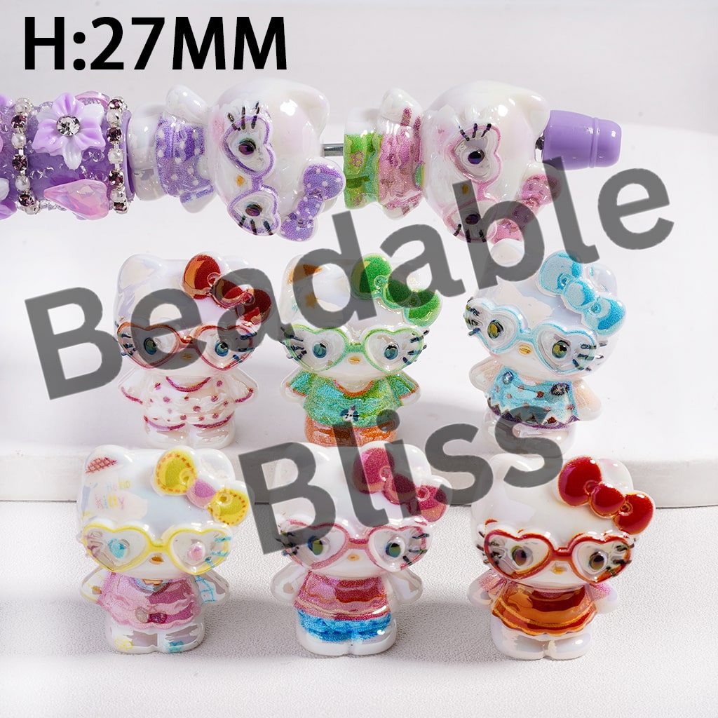 Acrylic Beads UV Coating Cute Cat Character with Heart-Shaped Glasses and Various Clothes, Height 27MM, Multi-Color, Random Mix