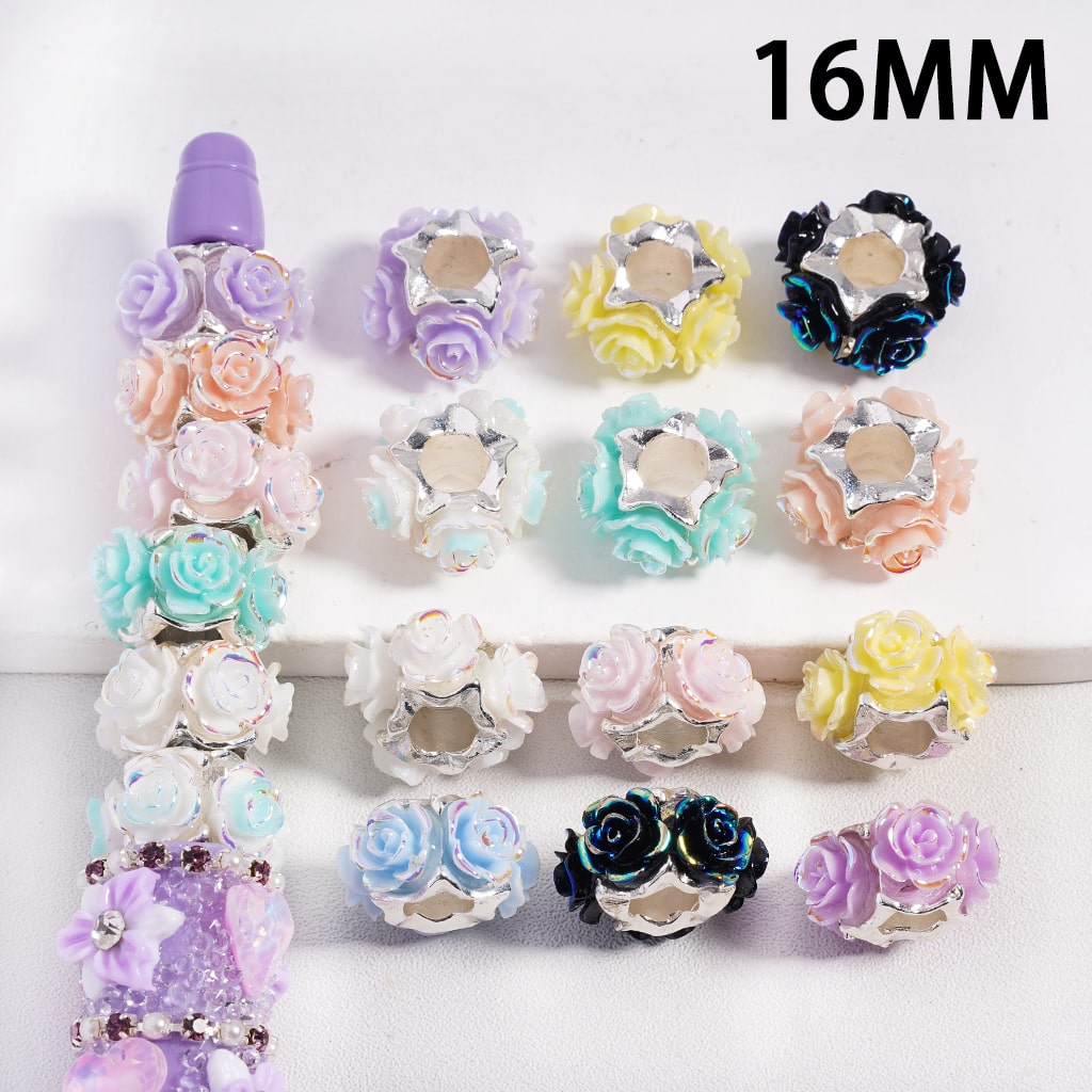 Silver Color Alloy Spacer Beads with UV Coating Rose Flowers, 16MM, Multi-Color, Random Mix