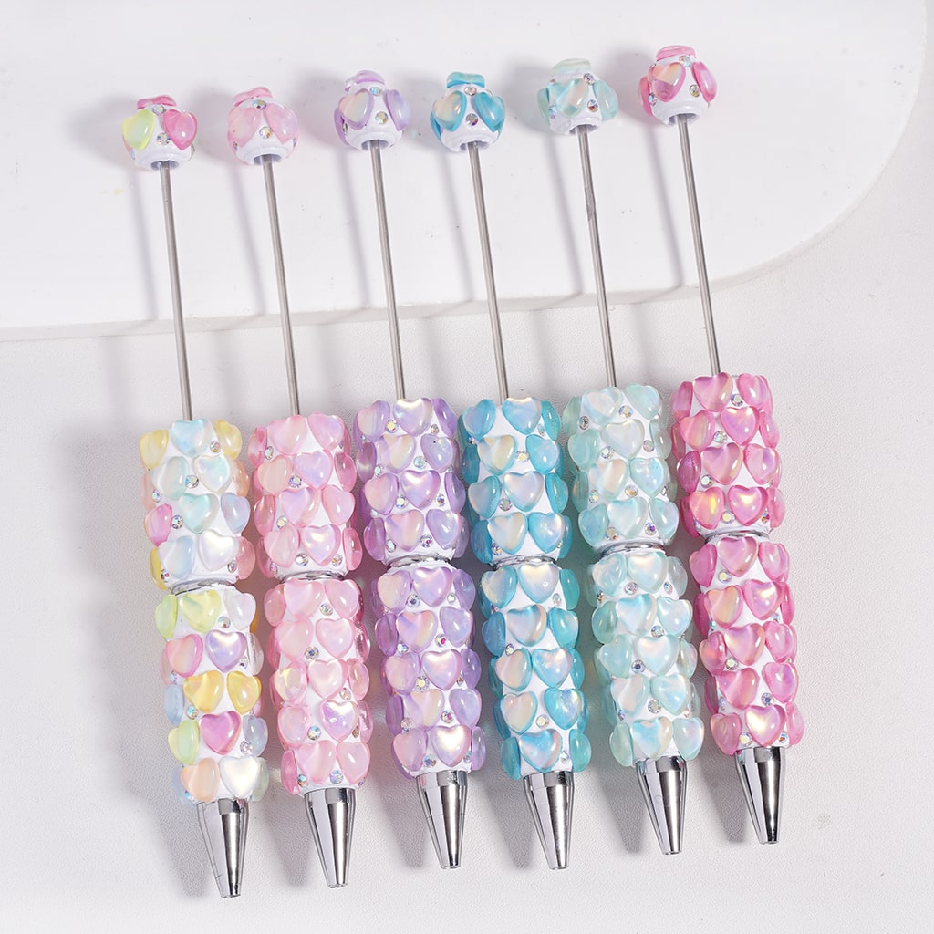 Beadable Clay Pens with Glossy Hearts in Macaron Color AB Rhinestones Valentine's Day Theme, Multi-Color, Random Mix