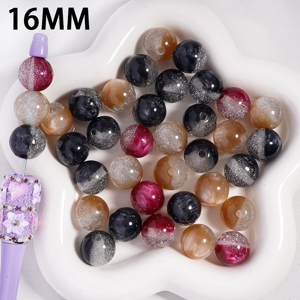 Acrylic Beads with Cat Eye Style and Silver Glitter, Double Color, Round, 16MM, Random Mix