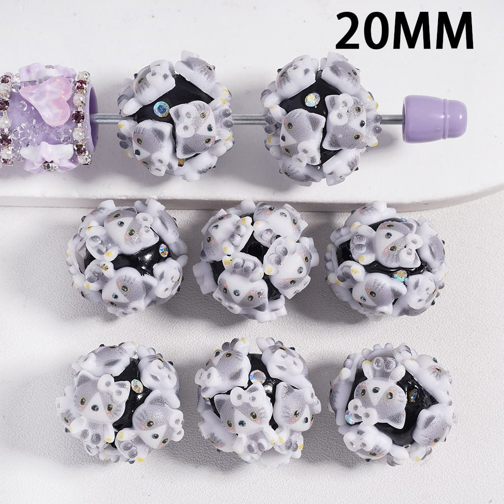 Clay Beads Gray Kitten with Bowtie and AB Rhinestones on Black Background, 20MM