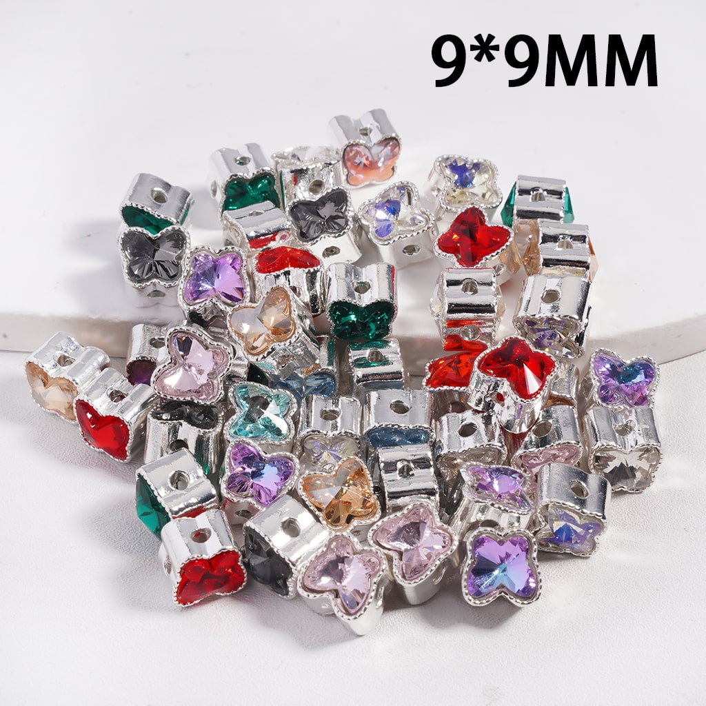 Silver Color Metal Beads with Butterfly-Shaped Clear Rhinestone in Various Colors, 9*9MM, Random Mix