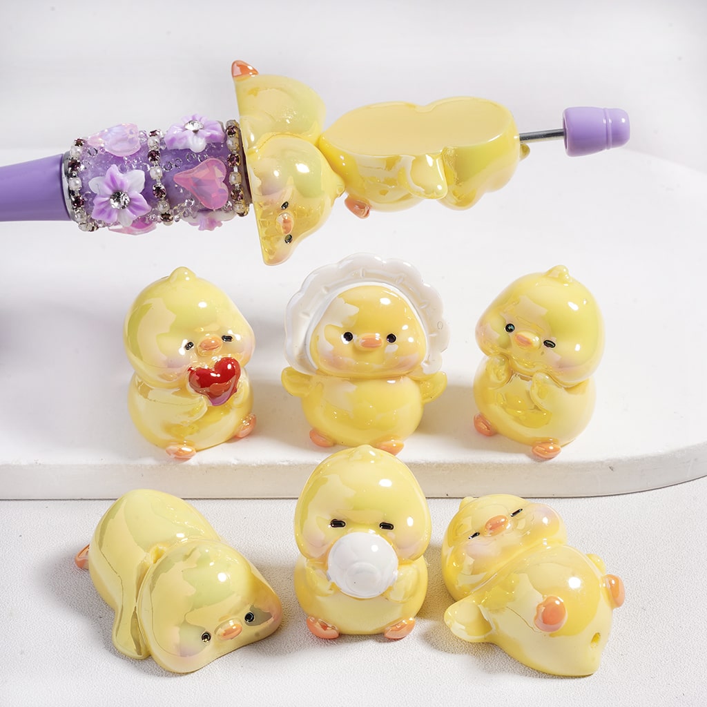 Acrylic Beads UV Coating Yellow Duck in Various Style, Cute Ducklings Random Mix