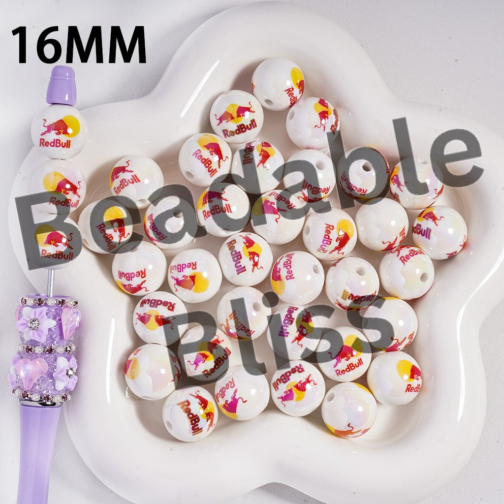 Acrylic Beads UV Coating Strong Bull in Red Color and Sun Soda, 16MM, Round, Random Mix