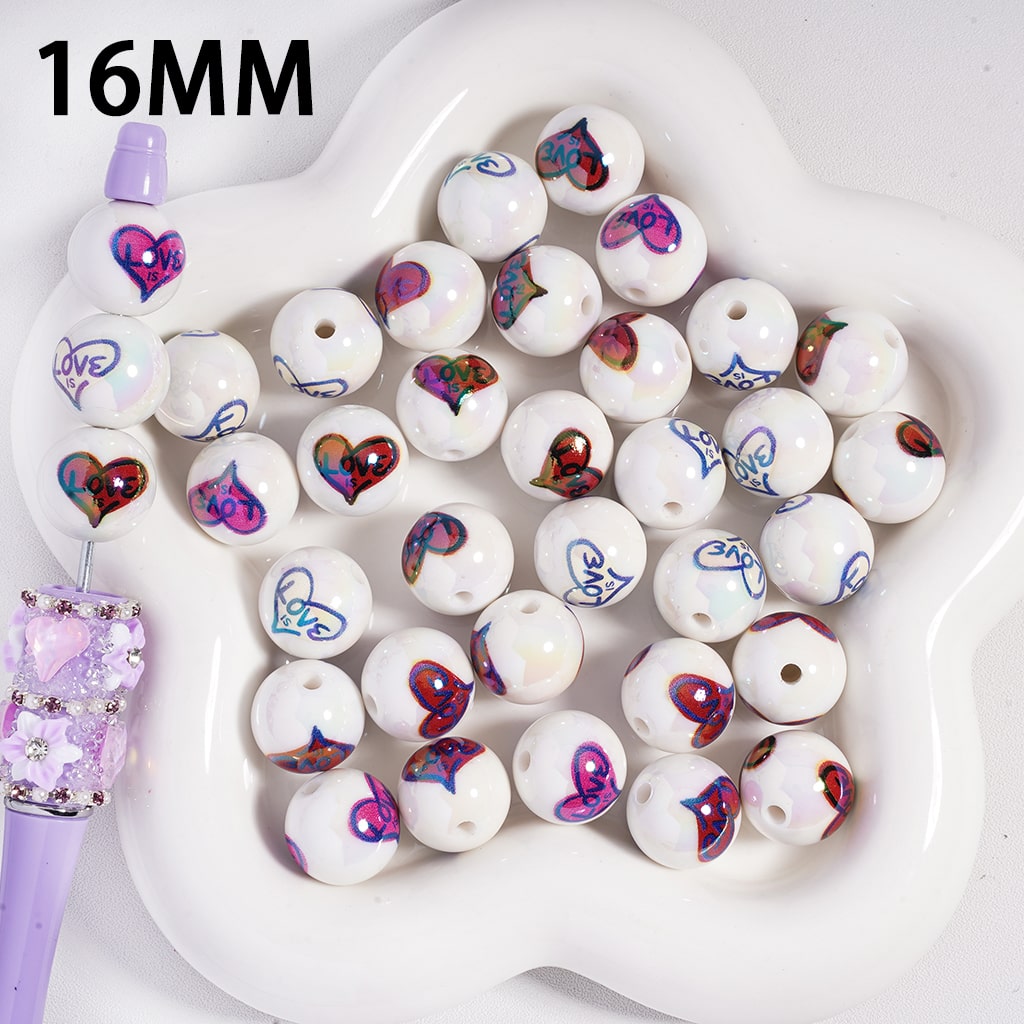 Acrylic Beads UV Coating with Text "Love is" and Hearts Valentine's Day, 16MM, Multi-Color, Random Mix