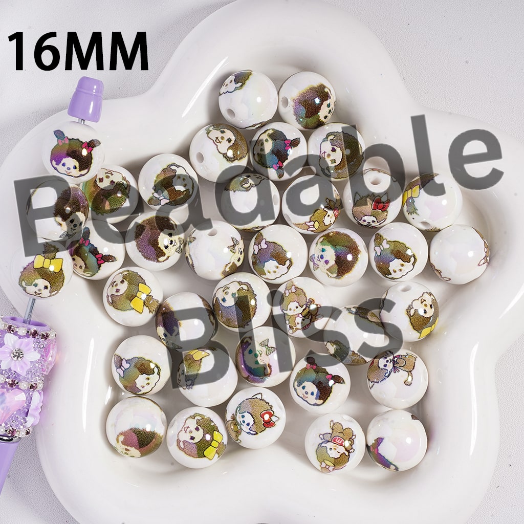 Acrylic Beads UV Coating Cute Baby Monkey Doll Pattern in White Background, Girl and Boy, 16MM, Random Mix