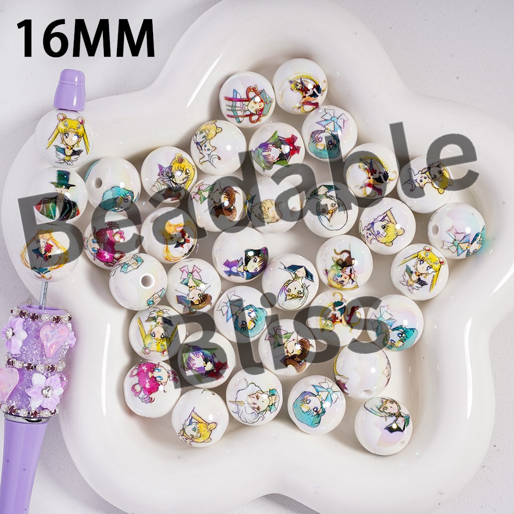 Acrylic Beads UV Coating Magical Girl Character Series in White Background, 16MM, Random Mix