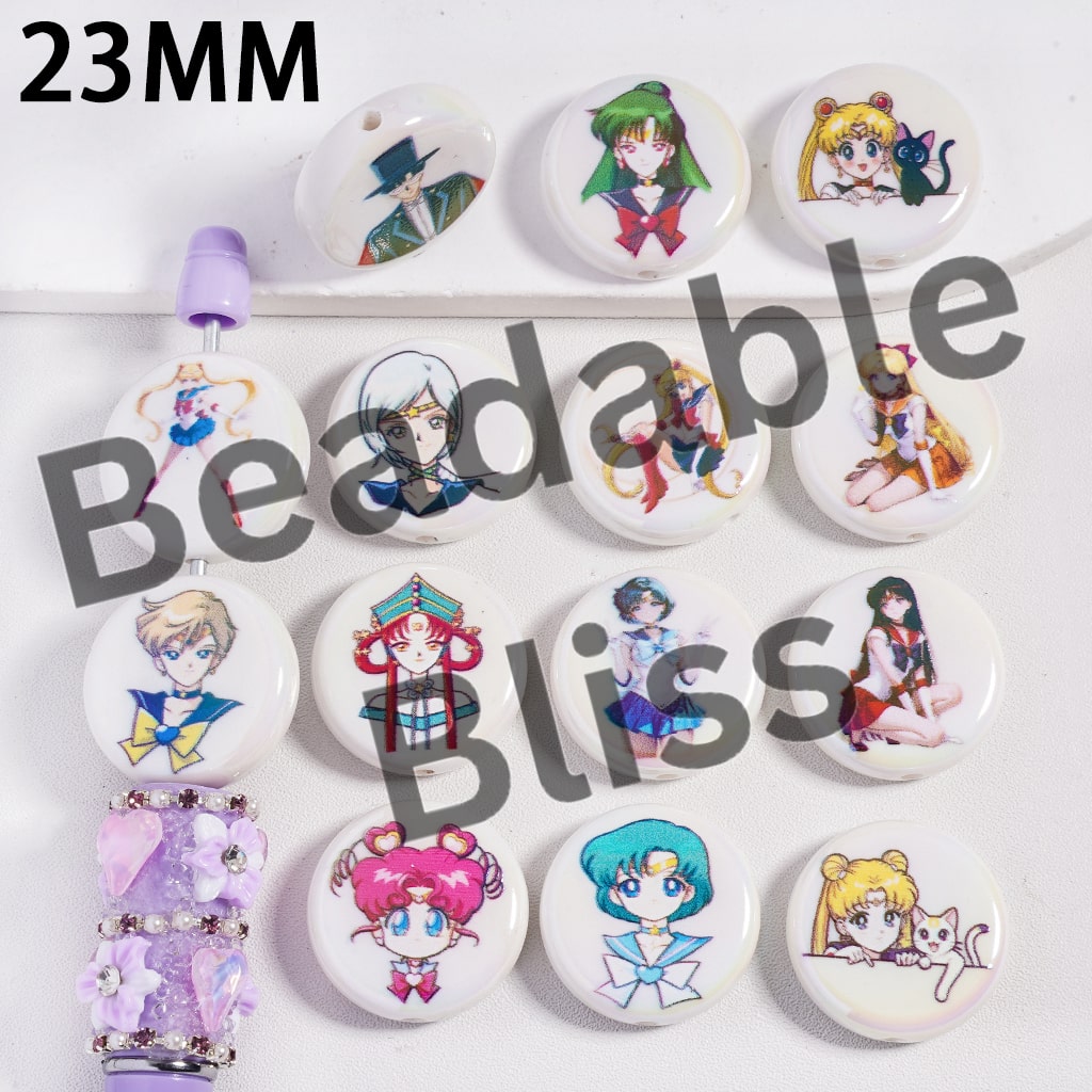 Acrylic Beads UV Coating Magical Girl Character Series in White Background, 23MM, Random Mix, Flat Round Shape