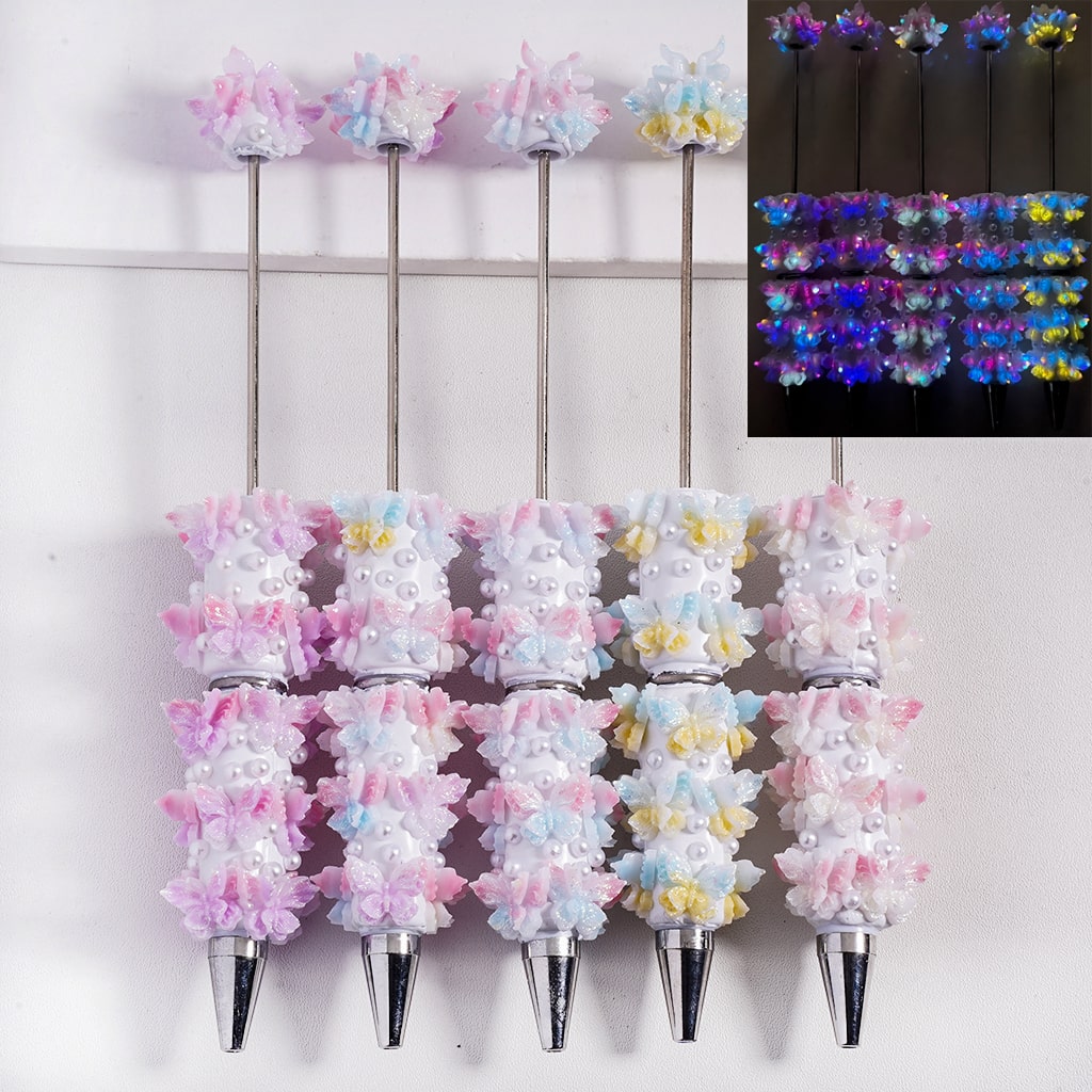 Beadable Clay Pens Luminous Butterfly in Double Color and White Pearls, Random Mix