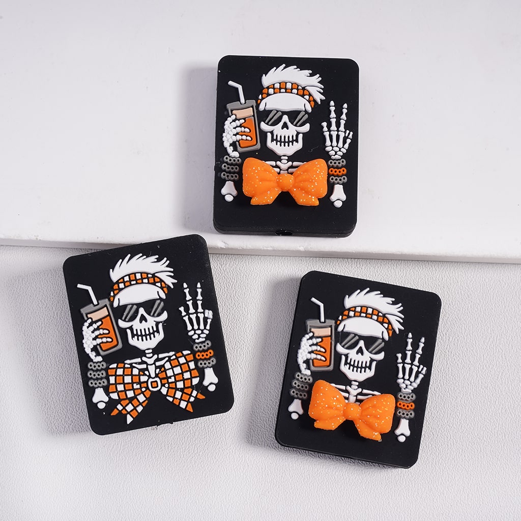 Silicone Focal Beads Skeleton Making "V" Sign and Holding Drink Cup with Headwear & Glittery Bowtie, Flat Rectangle Shape