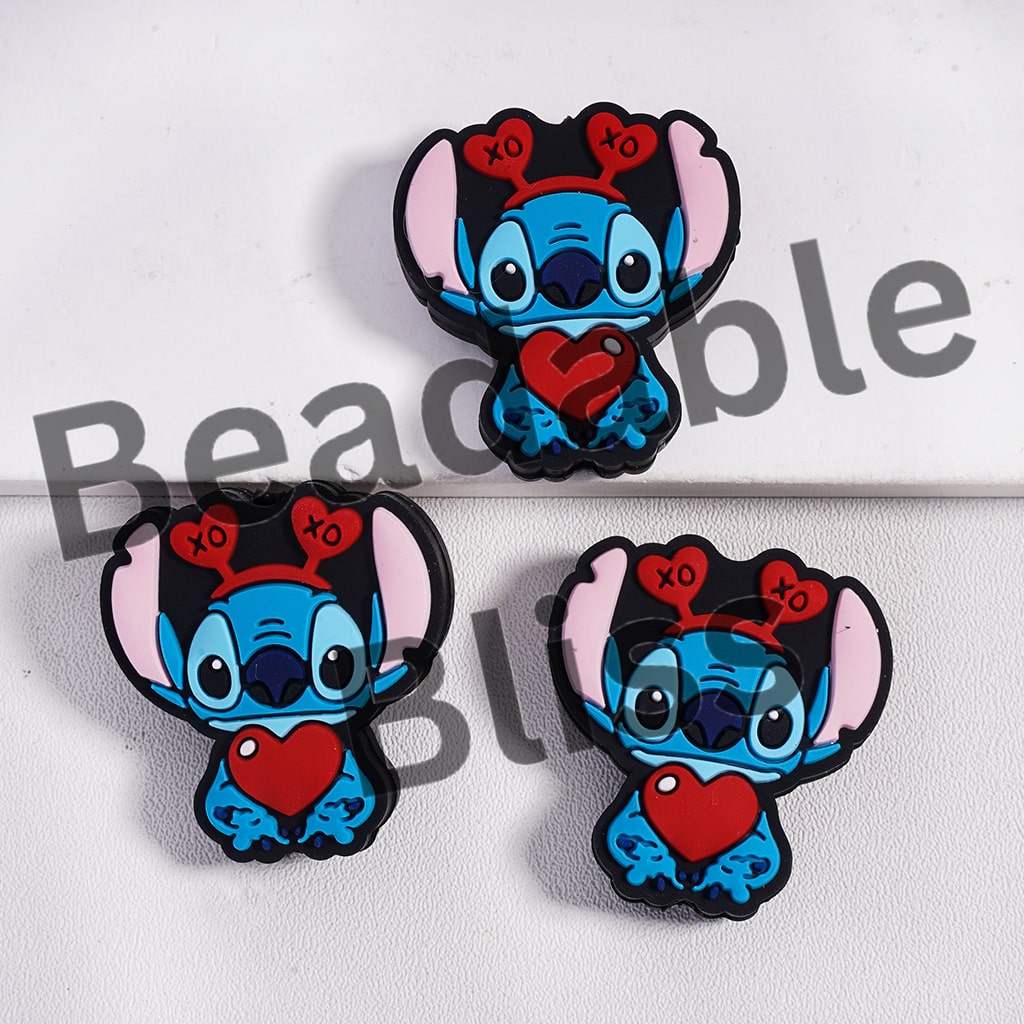 Silicone Focal Beads Blue Monster Character Holding Red Heart and Wearing Heart-Shaped Hair Hoop with Text "XO", Valentine's Day