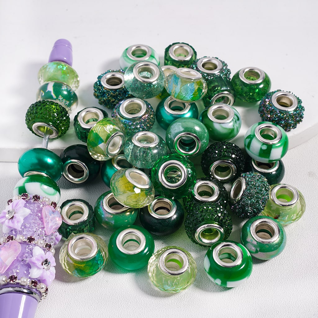 Acrylic Beads Green Series with Large Hole, Abacus bead Shape, Random Mix (Size Varies Between 11 and 14 MM Depending on bead)