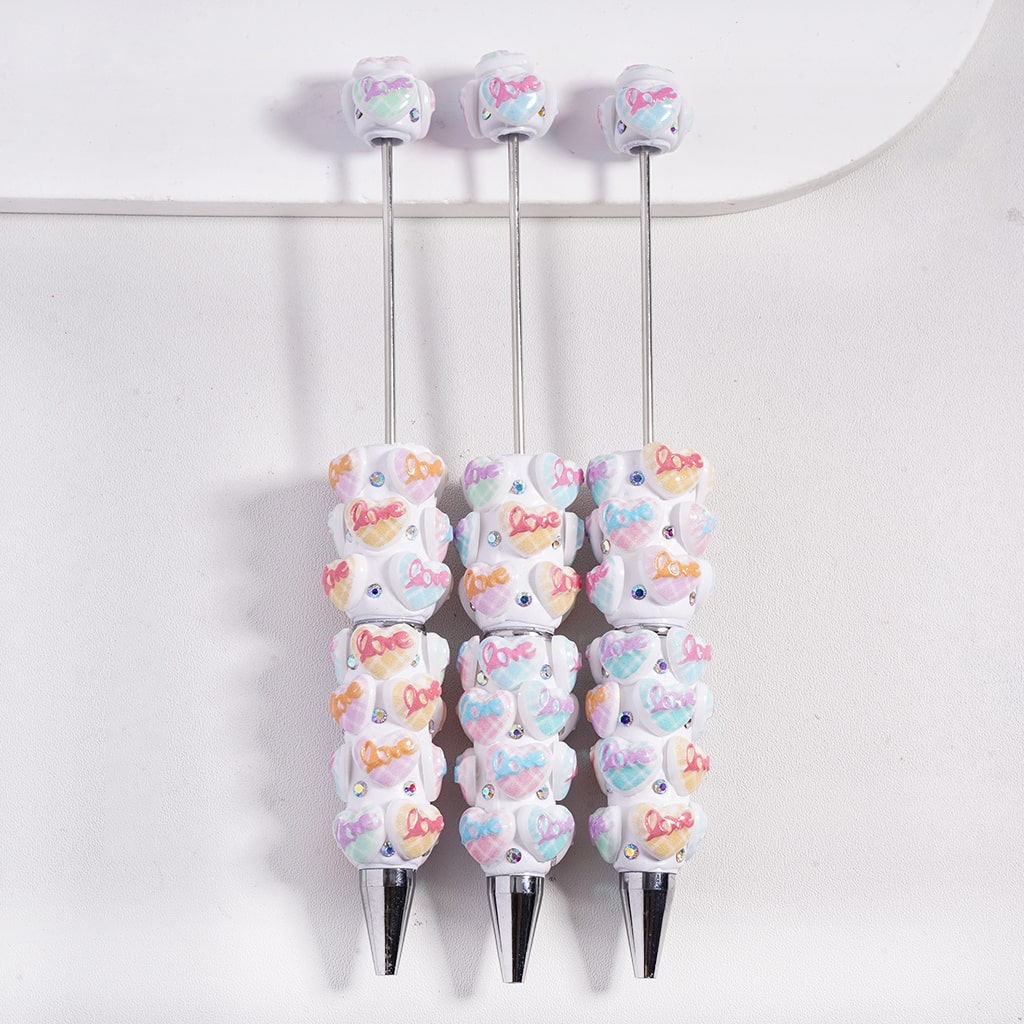 Beadable Clay Pens Checkered Heart with Text "Love" in Assorted Colors and AB Rhinestones