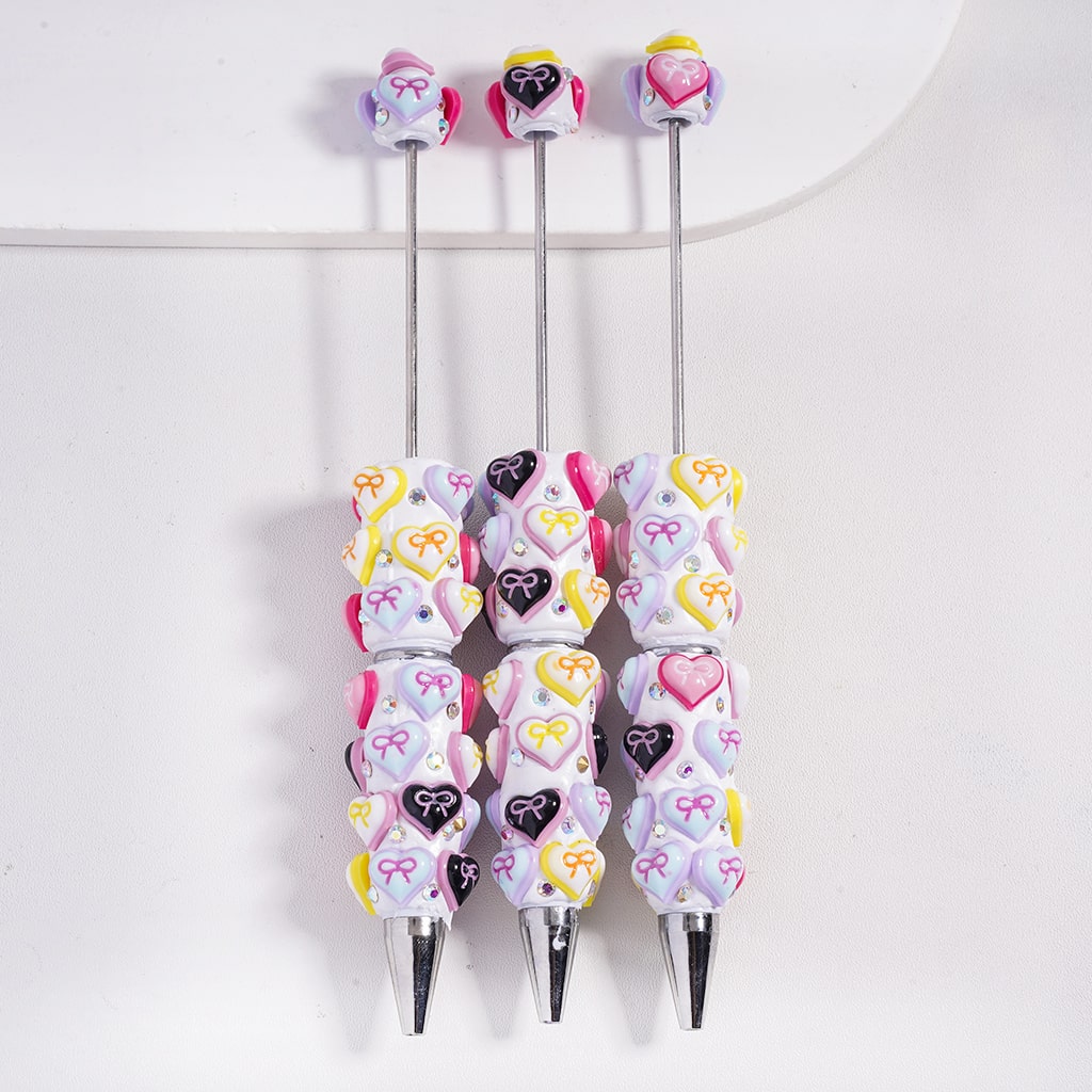 Beadable Clay Pens Double Color Heart with Bowtie and AB Rhinestones
