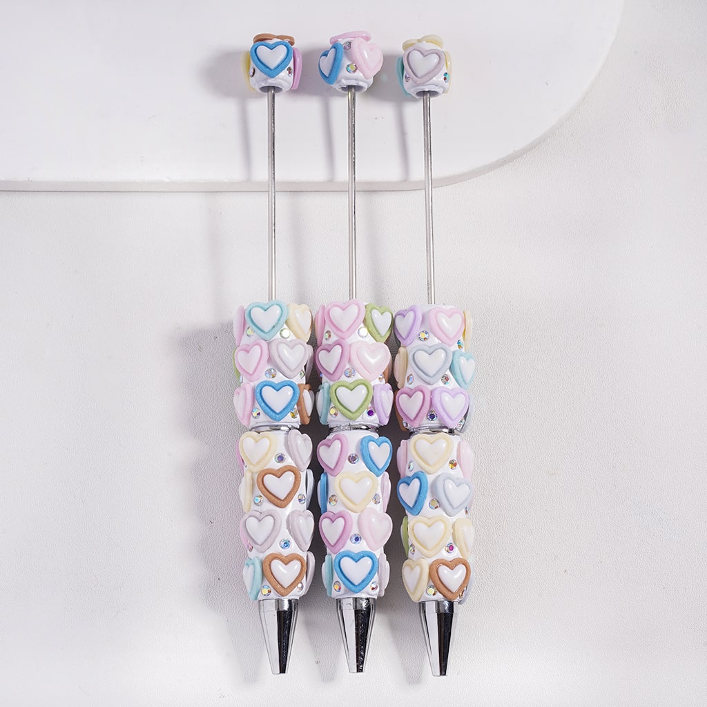 Beadable Clay Pens White Heart on Frosted Heart in Various Colors and AB Rhinestones