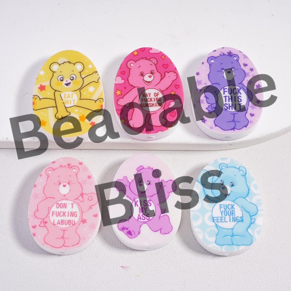 Silicone Focal Beads Rainbow Bear in Macaron Color and Various Designs, Egg Shape, Random Mix