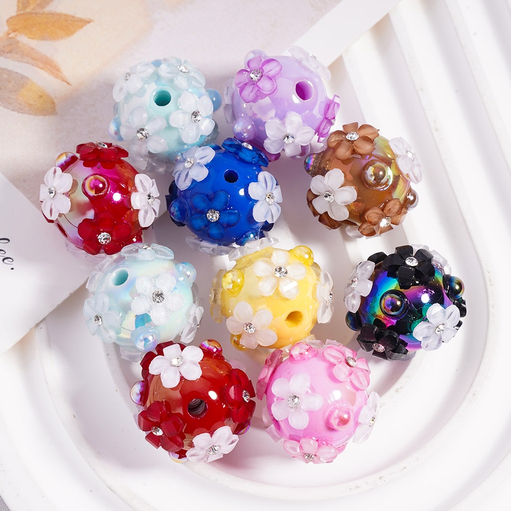 Glossy Solid Color & See Thru Clear Acrylic Beads with Small Flowers, Rhinestones & Flat Back Pearls, 20MM, FCH, Random Mix