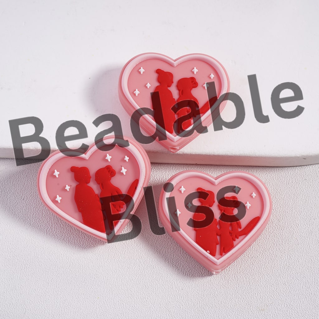 Heart-shaped red silhouettes of a couple on a white background with 'beadablebliss' branding.