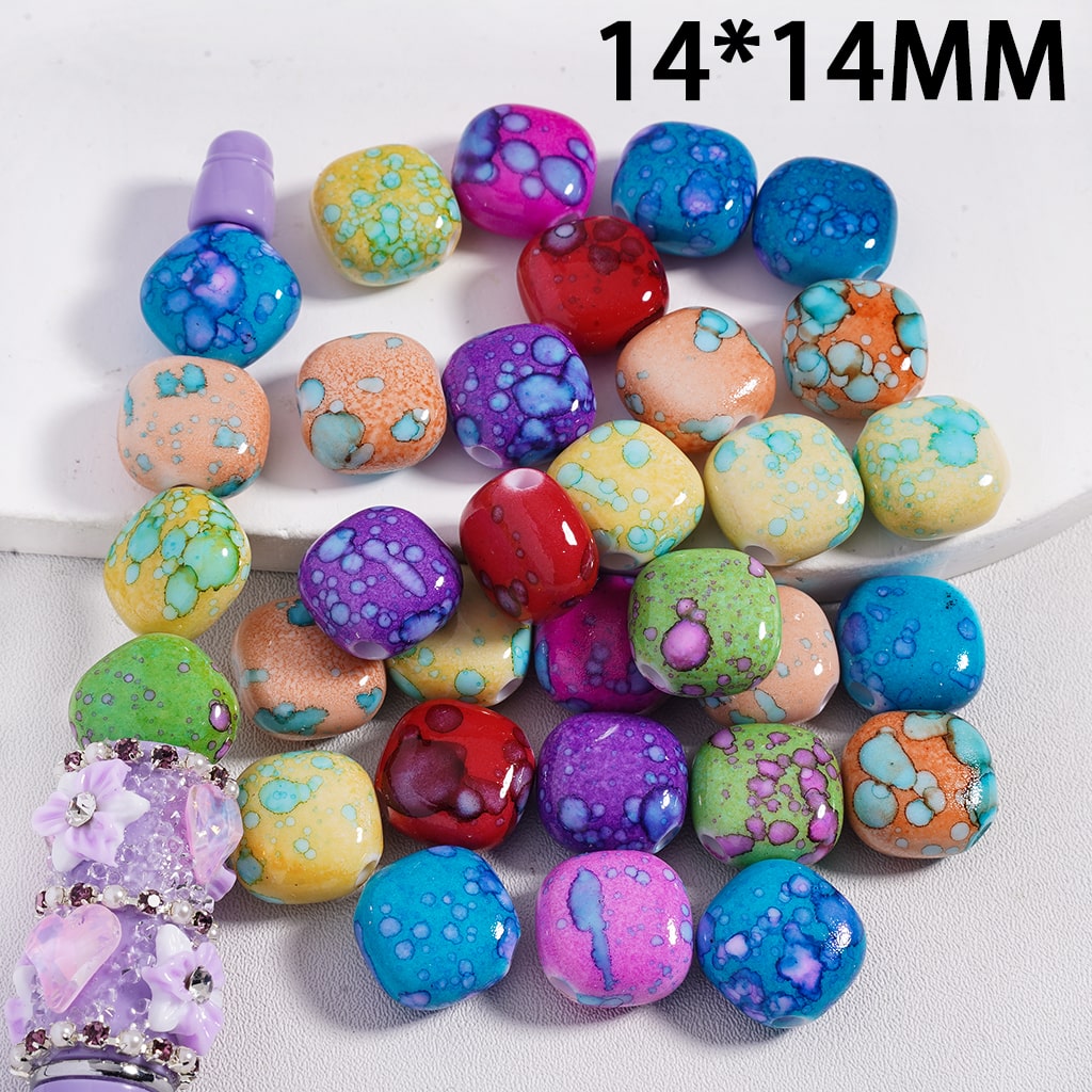Colorful beads with a 14x14mm size label on a white background