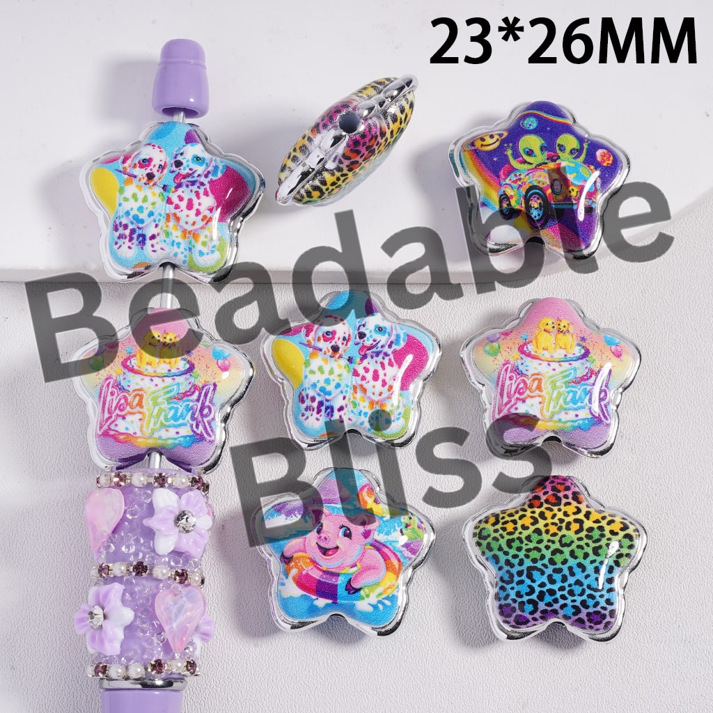 Acrylic Beads Five-Pointed Star with Brightly Colored Design Style, 23*26MM, Random Mix