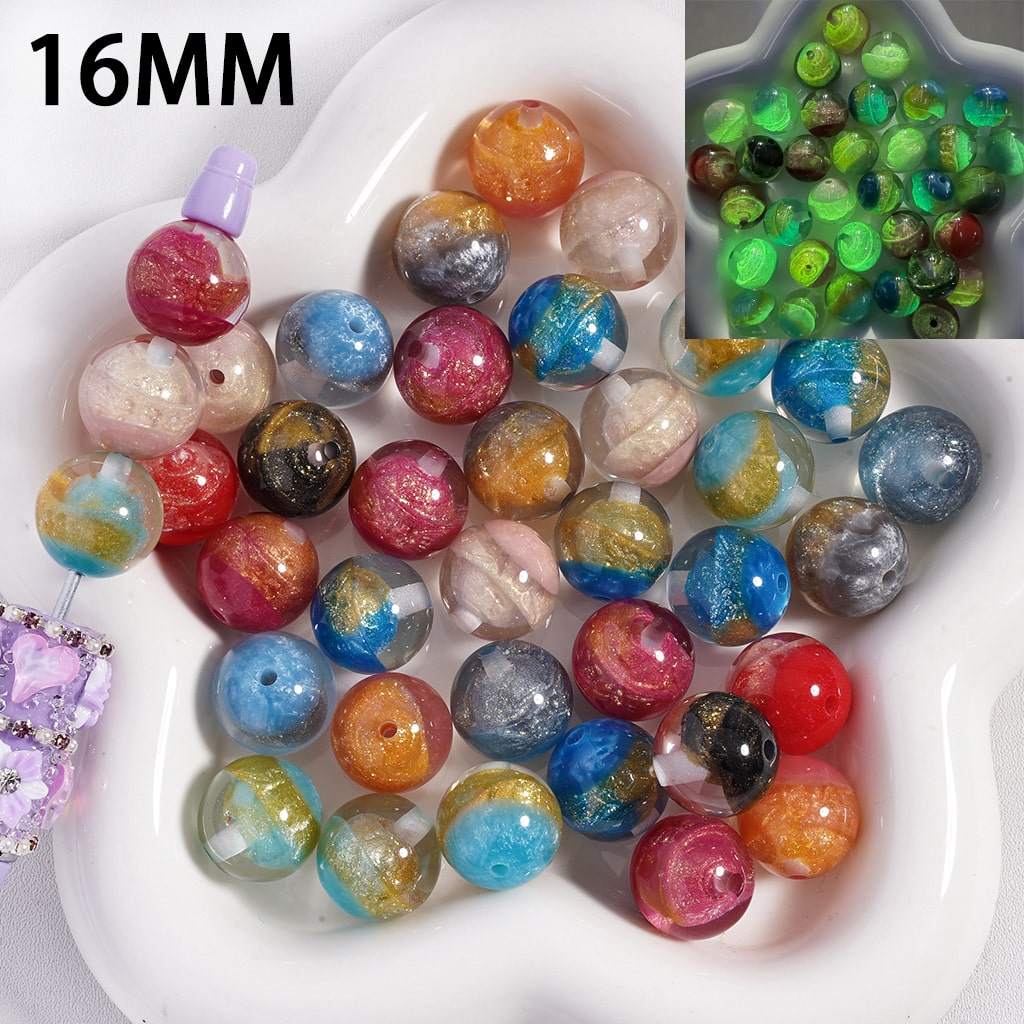 Acrylic Beads for Bracelets Luminous Sycee and Gold Glitter Embedded Inside Bead ,16MM, Multi-Color, Random Mix