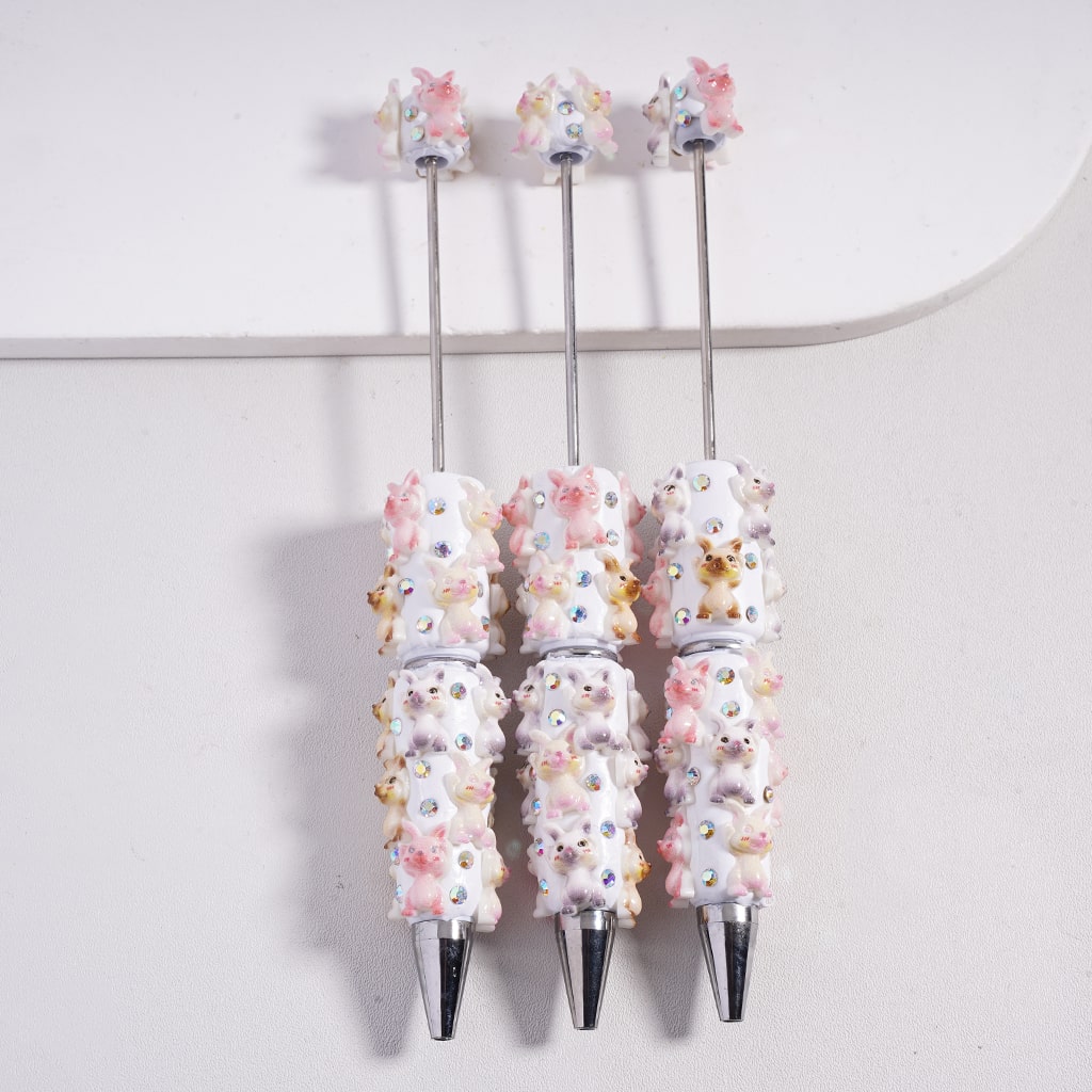 Beadable Clay Pens Shy Fox Putting Hands Up, AB Rhinestones and White Pearl, Multi-Color