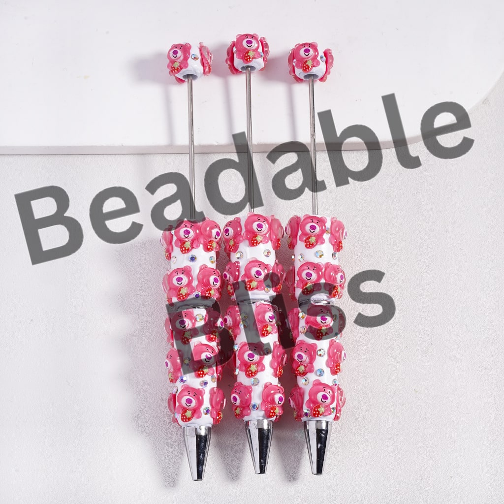 Beadable Clay Pens with Pink Bear Holding Strawberry, AB Rhinestones and White Pearl