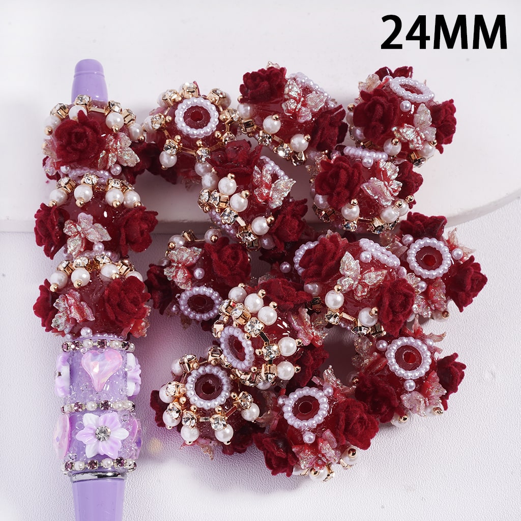 Acrylic Beads with Fluffy Rose Flowers and Glittery Butterflies, 24MM, Metal Chain with Rhinestones and White Pearls