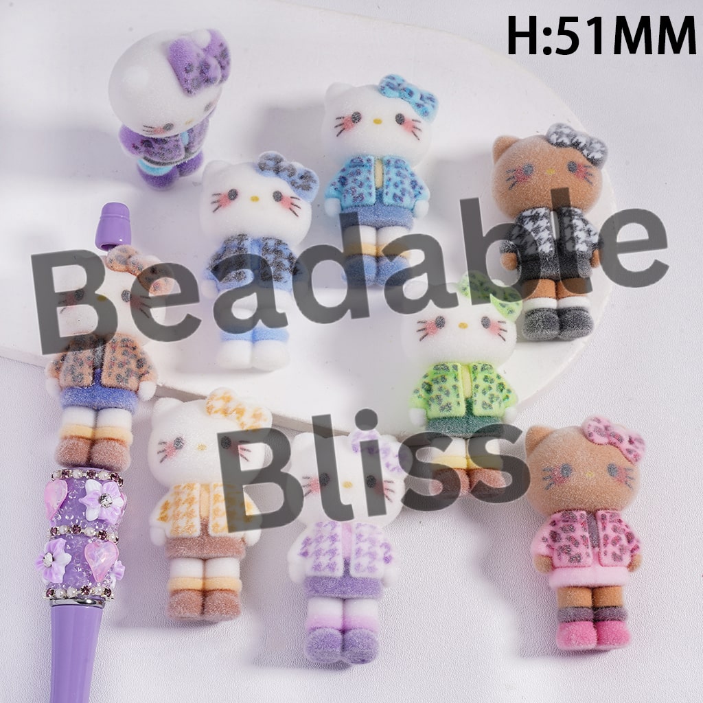 Cute Cat Character Figure with Clothes, can be also used as Acrylic Beads or Pen Topper, Height 51MM, Flocked Fluffy, Multi-Color, Random Mix