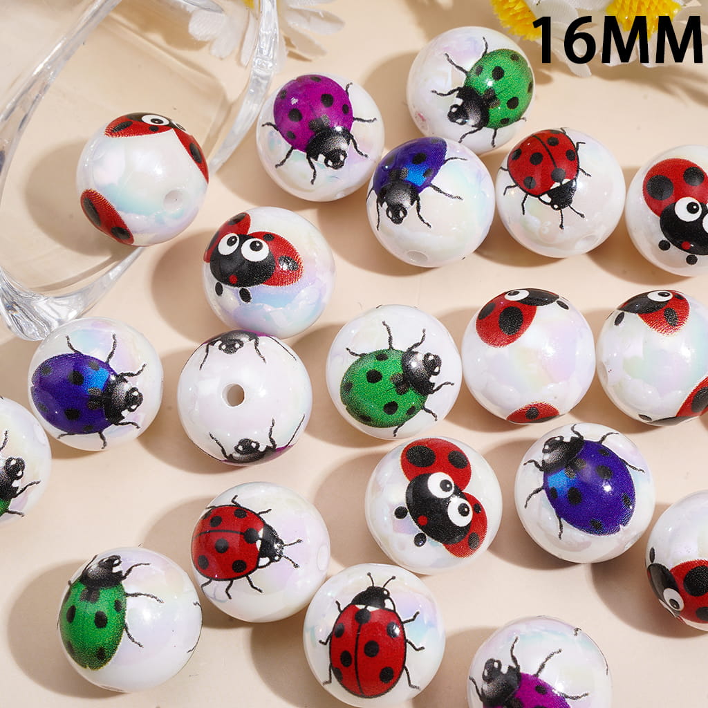 UV Coating Acrylic Beads for Bracelet w Ladybug Print Design, 16MM, Random Mix