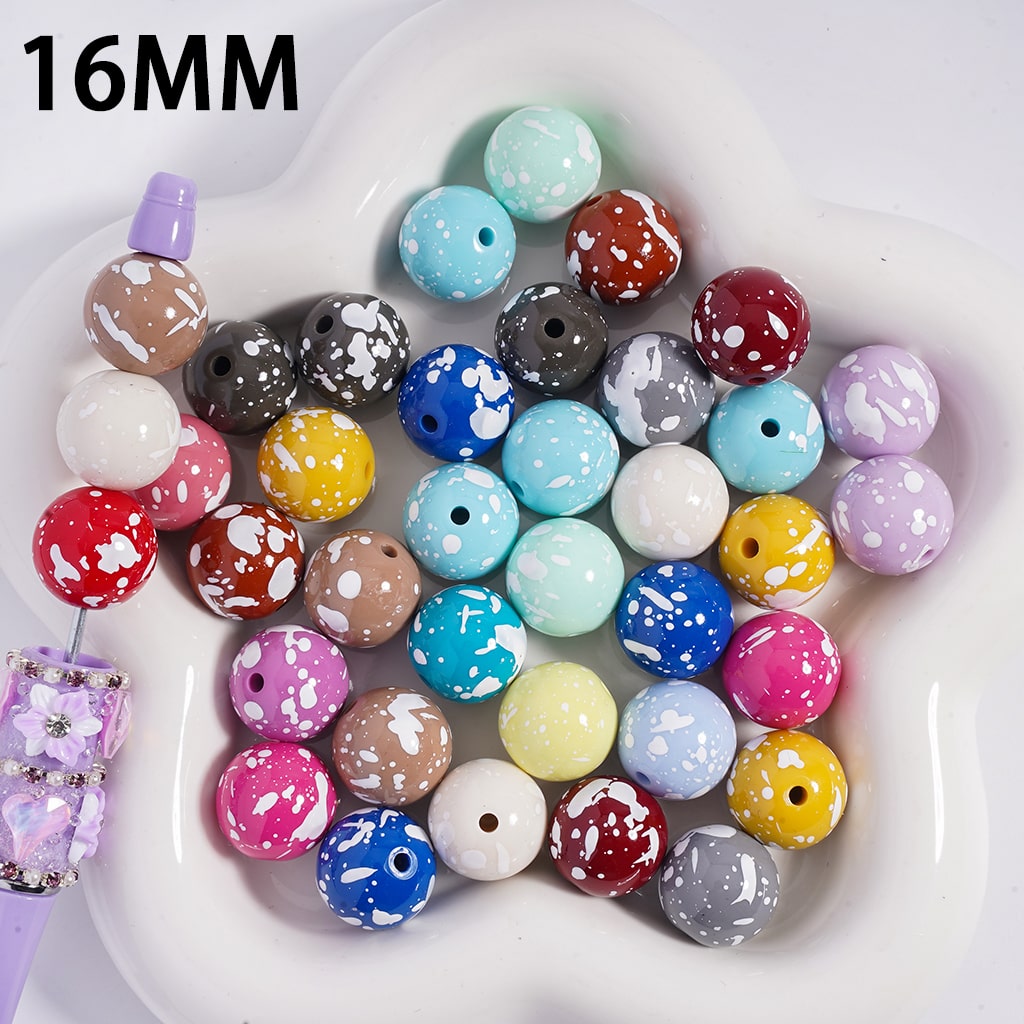 Acrylic Beads for Bracelets White Spot in Spray-Painting Effect, 16MM, Multi-Color, Random Mix