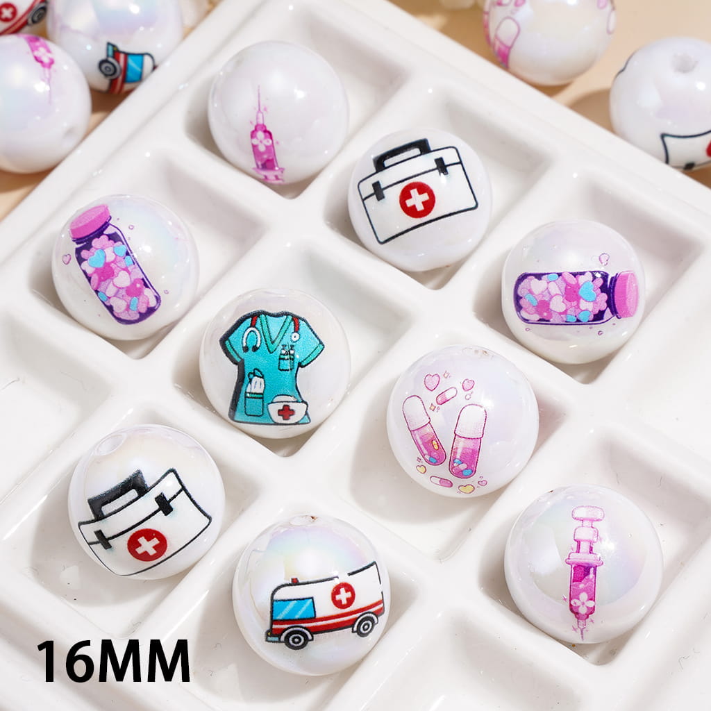 UV Coating Acrylic Beads for Bracelet w Medical Theme Print Design, 16MM, Random Mix